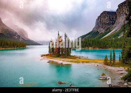 Spirit Island in Maligne Lake, Jasper National Park, Alberta, Canada. Canadian Rockies Stock Photo