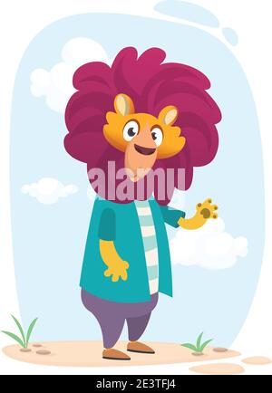 Cartoo lion wearing modern fashion clothes. Vector illustration of hipster style lion character design Stock Vector