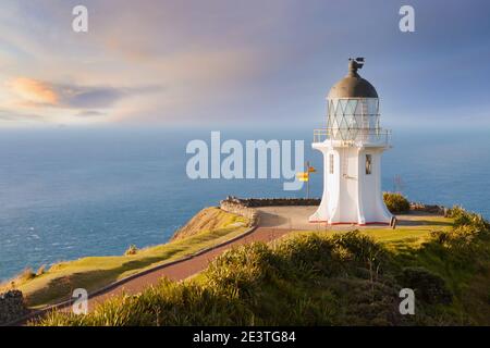 Cape Reinga Lighthouse in New Zealand during wonderful evening light. Stock Photo