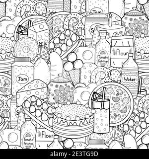 Doodle food black and white seamless pattern. Groceries coloring page Stock Vector