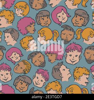 Vector seamless pattern with faces of different people with variety of emotions. Diverse cartoon characters faces. Stock Vector