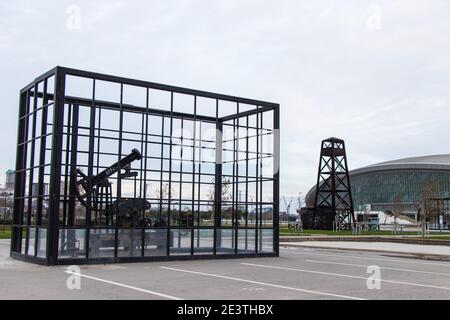 First industrial oil wells in Baku - Azerbaijan. Old oil well for exhibition. Oil and gas industry Stock Photo