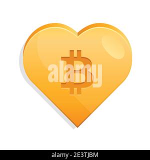 Vector Illustration of a golden heart in 3D style with a bitcoin sign inside. Like button. Valentine's Day gift. Stock Vector