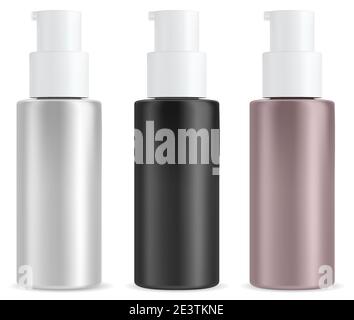 Cosmetic pump bottle. Beauty serum isolated blank. Shampoo or cream plastic package template mockup. Face moisturizer container. Makeup base or toner Stock Vector