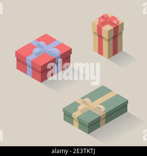 Vector isometric illustrations of gifts. Set of present boxes. Red, green and yellow boxes. Stock Vector