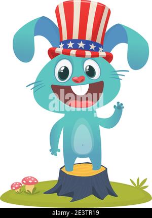 Happy fourth of July. Independence day of America. Cartoon Rabbit wearing Uncle Sam hat. Vector illustration Stock Vector