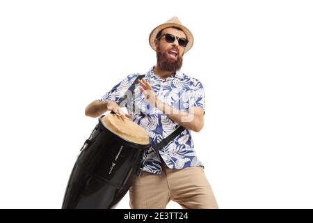 Man playing conga drums and singing isolated on white background Stock Photo