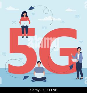 5G network wireless technology concept. People Character with gadgets use high-speed internet. Vector illustration in flat style Stock Vector