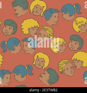 Vector seamless pattern with faces of different couples with variety of emotions. Cartoon characters faces. Stock Vector