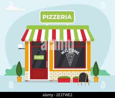 Pizzeria store front. Commercial, property, market caffee. Vector illustration in flat style Stock Vector