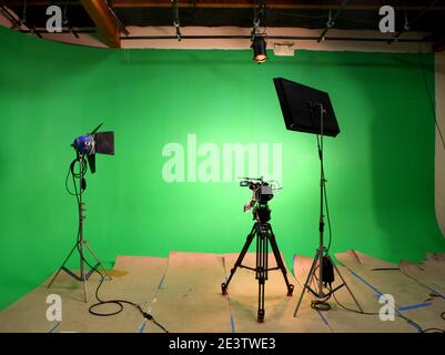 Green Screen Sound Stage Lights Camera Stock Photo