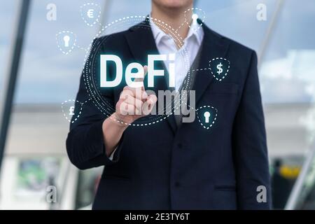 DeFi Decentralized Finance on Ethereum blockchain technology with cryptocurrency applications. Stock Photo