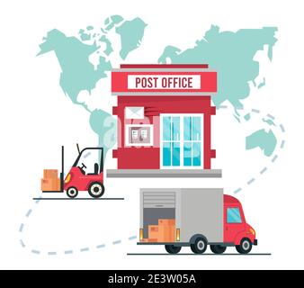 post office building facade with truck and forklift vector illustration design Stock Vector