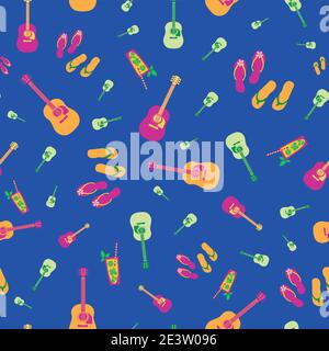 Beach party vector seamless pattern background. Tropical backdrop with cocktail glasses, flip flops, guitars. Colorful sandals, music instruments Stock Vector