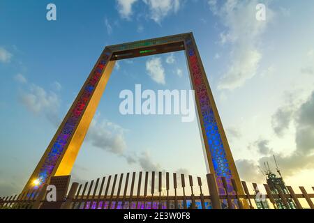 DUBAI, UAE - December 25th, 2020: view of the famous Dubai Frame in Dubai, United Arab Emirates.