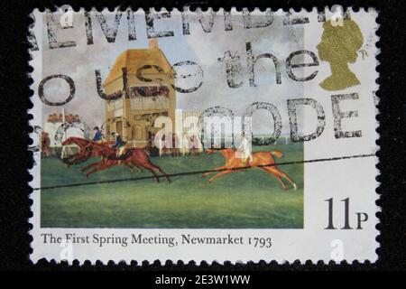 ISTANBUL, TURKEY - DECEMBER 25, 2020: Great Britain stamp shows First Spring Meeting, Newmarket, 1793 circa 1979 Stock Photo