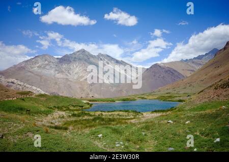 Laguna de Horcones sunny day on a hiking trail. Lake in Andes mountains with green grass around. Blue sky with clouds over hills. Aconcagua Provincial Stock Photo