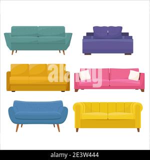 Set of colored soft sofa. Vector illustration in flat style, isolated on white background Stock Vector
