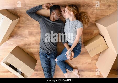 family, couple, relocation, mixed race, estate Stock Photo
