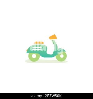 Green retro scooter or motorbike. Flat vector illustration isolated on white. Delivery, transport symbol. Healthy journey. Ecology. Go green. Hipster. Stock Vector