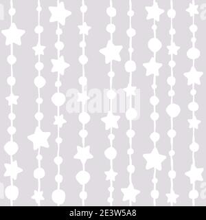 Seamless background with shabby beads and stars on light violet background. White String with balls and stars. Vector illustration. Cute stars. Stock Vector