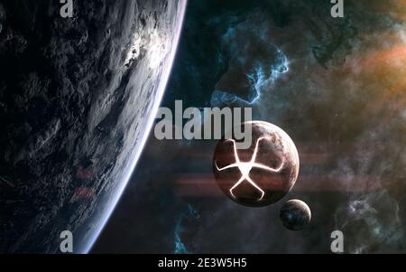 Deep space planets. Giant glowing structures on the planet's surface Stock Photo