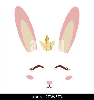 Cute, sweet bunny face with ears, decoration in cartoon style isolated on white background. Fashion print, adorable character rabbit. Easter greetings. Vector illustration Stock Vector