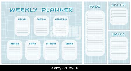 Weekly planner, To do list, Notes, Wish list on blue white squared pattern Stock Vector