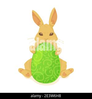 Cute bunny or rabbit with green ornament easter egg. Easter hunt, spring holiday greeting concept. Stock vector illustration isolated on white Stock Vector