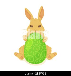Cute bunny or rabbit with green ornament easter egg. Easter hunt, spring holiday greeting concept. Stock vector illustration isolated on white Stock Vector