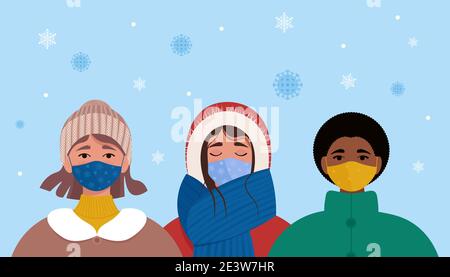 Women in protective masks in winter. Coronavirus covid-19 concept. Vector illustration in flat style Stock Vector
