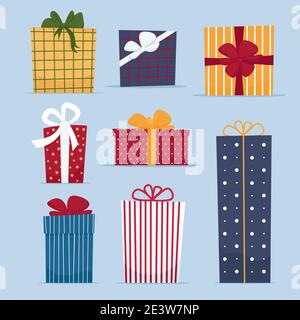 Set of gift boxes in cartoon flat style. Vector isolated illustration for greeting New Year, Merry Christmas or Happy Birthday card or sale banner Stock Vector
