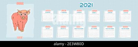 Calendar for 2021 from January to December. Spanish language. Highland cow is on blue color. Every month is on squared paper with dots, piece of newsp Stock Vector