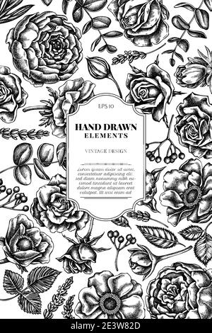 Card design with black and white roses, anemone, eucalyptus, lavender, peony, viburnum Stock Vector