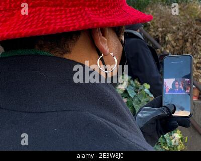 Washington, District of Columbia, USA. 20th Jan, 2021. Lisa Williams came from San Francisco to stand as close as she could to the U.S. Capitol just to hear Kamala Harris sworn in as Vice President. Credit: Sue Dorfman/ZUMA Wire/Alamy Live News Stock Photo
