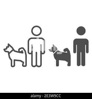 Man and dog line and solid icon, domestic animal concept, dog walking sign on white background, person walking pet icon in outline style for mobile Stock Vector