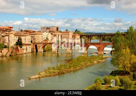 View of Albi (France) and Tarn river with its bridges and picaresque houses from Bishop palace. Stock Photo