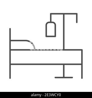 Bed and dropper thin line icon, Emergency therapy concept, Hospital bed with drop counter sign on white background, plastic bag with liguid on stand Stock Vector