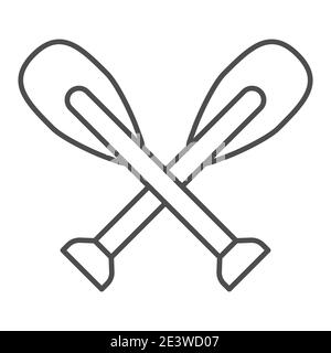 Wooden canoe paddle thin line icon, nautical concept, Oars sign on white background, wo silhouette of crossed paddles icon in outline style for mobile Stock Vector