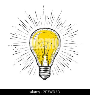 Light bulb glowing. Sketch draw vector illustration. Electric lamp symbol Stock Vector