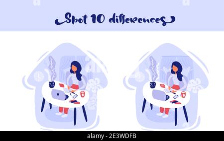 Find 10 differences Woman learn sitting at the table with a laptop at home Stock Vector