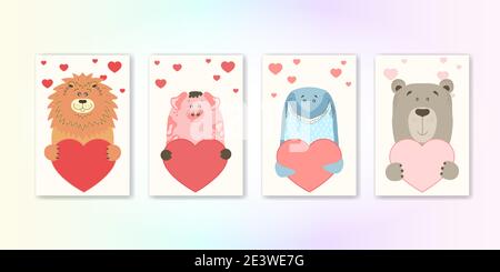 Cute cartoon animal holds a heart sign with copy space. set valentine's day greeting card banner invitation flyer brochure. cartoon hand drawn style. Stock Vector