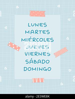 Blue and White Week days from Monday to Sunday on patterned background with pink washi tape and paper with lines and hearts for calendar or planner. S Stock Vector