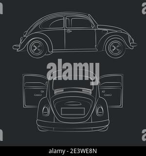 Set of black and white illustrations with retro car. Isolated vector objects. Stock Vector