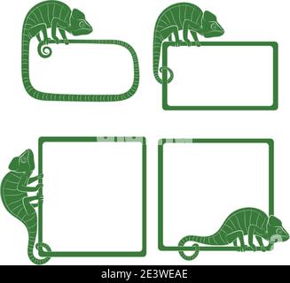 Set of illustrations with green chameleon. Isolated vector objects on a white background. Stock Vector