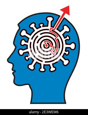 Coronavirus pandemic depression solution, maze concept. Illustration of stylized male Head silhouette with labyrinth and arrow coming out of the head. Stock Vector