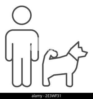 Man and dog thin line icon, domestic animal concept, dog walking sign on white background, person walking pet icon in outline style for mobile concept Stock Vector
