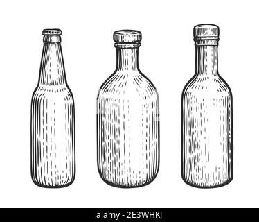 Glass bottles set. Alcoholic beverages sketch vintage vector illustration Stock Vector