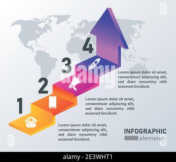statistics infographics steps with arrow and earth maps in gray background vector illustration design Stock Vector
