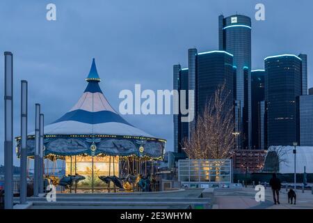 Detroit, Michigan - The Cullen Family Carousel on the Detroit Riverwalk, near the Renaissance Center which is home to General Motors. Stock Photo